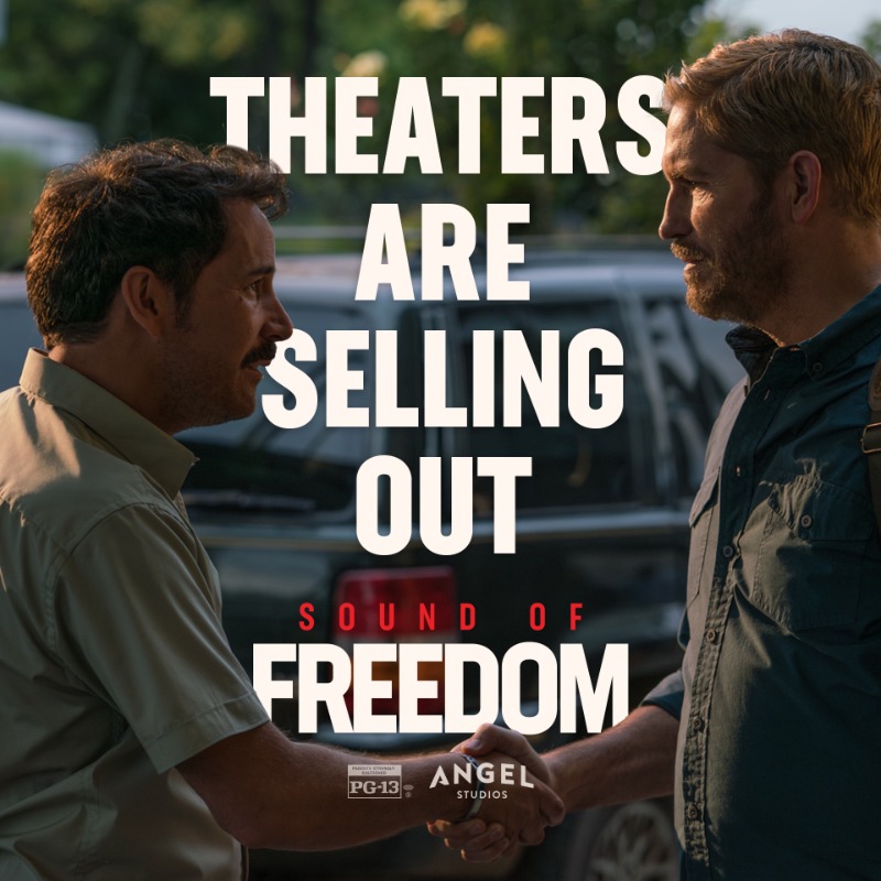AngelStudiosInc's tweet photo. Audiences are so passionate about 𝙎𝙤𝙪𝙣𝙙 𝙤𝙛 𝙁𝙧𝙚𝙚𝙙𝙤𝙢 that theaters are still SELLING OUT! Don't miss America's #1 movie.