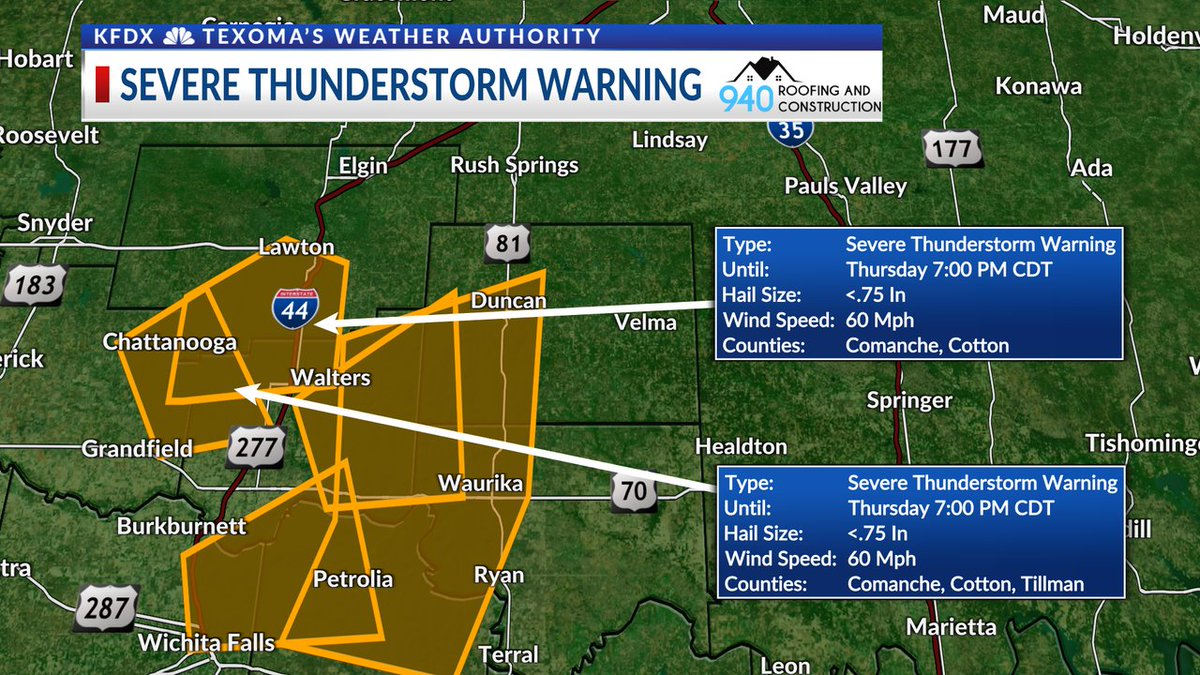 A Severe Thunderstorm Warning has been issued for portions of Texoma. Details are in the box on the right side of the image. Live radar: bit.ly/texomawx