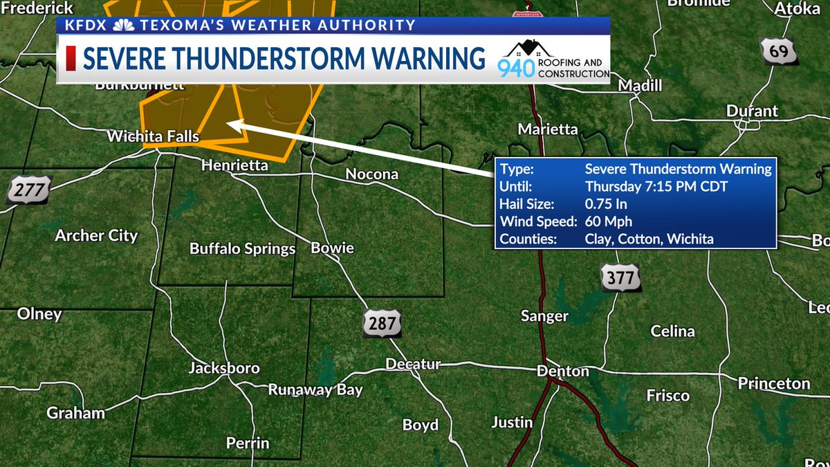 A Severe Thunderstorm Warning has been issued for portions of Texoma. Details are in the box on the right side of the image. Live radar: bit.ly/texomawx