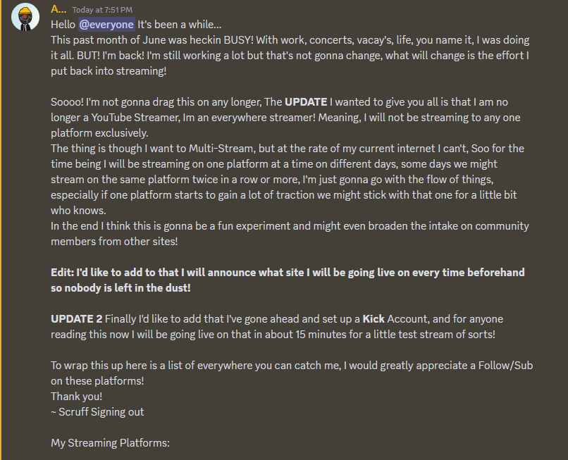 AgentScruffy's tweet image. TL;DR
I am streaming to multiple sites, (not at the same time (yet)) 
From here on out you can catch me on these following sites!

Kick: kick.com/agentscruffy  

YouTube: youtube.com/@agentscruffy 

Twitch: twitch.tv/AgentScruffy