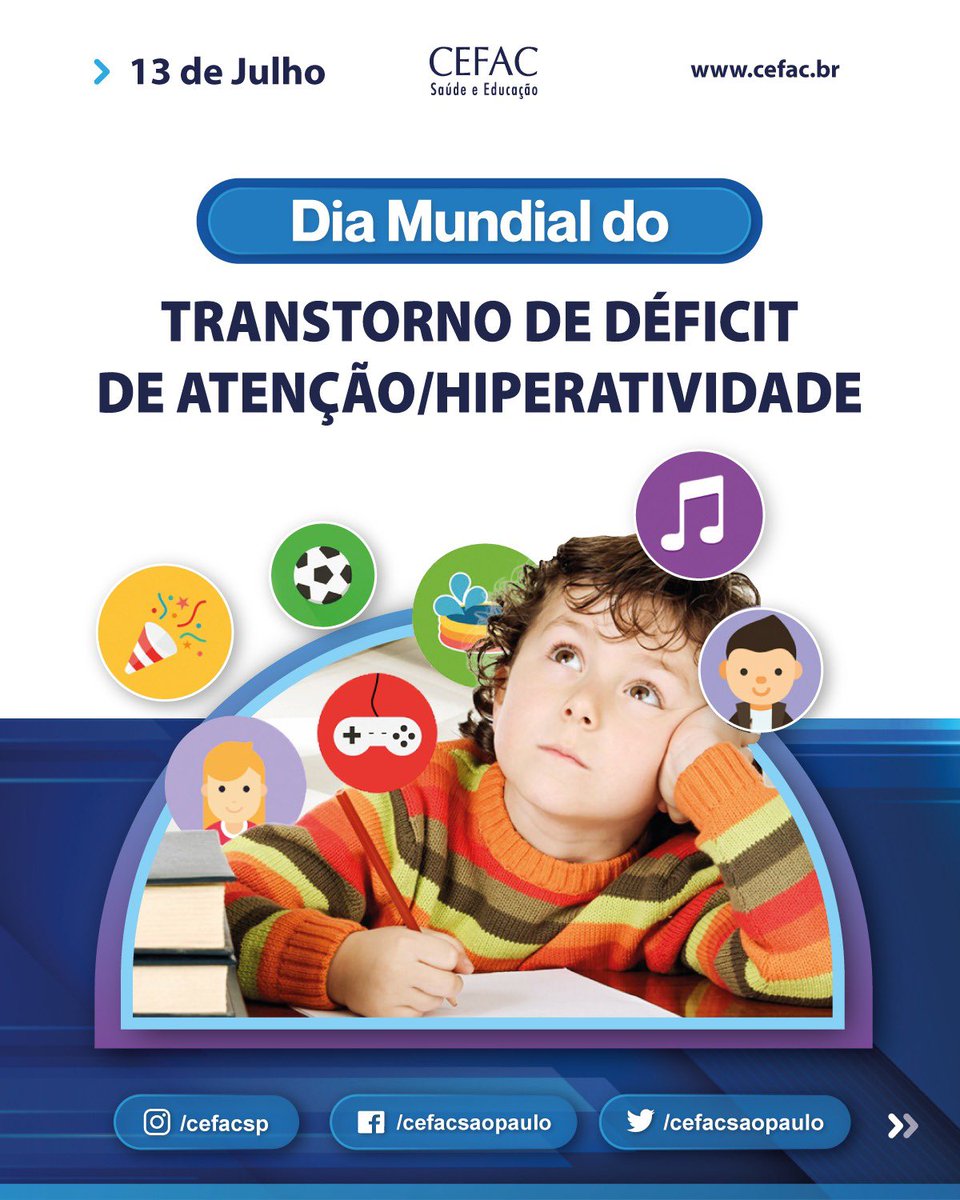 cefacsaopaulo's tweet photo. Hoje, 13 de Julho, é o Dia Mundial da Consciência sobre o Transtorno de Déficit de Atenção/Hiperatividade (TDAH) 

Descubra mais informações em nosso Instagram! @cefacsp https://t.co/8OYikgdTRF