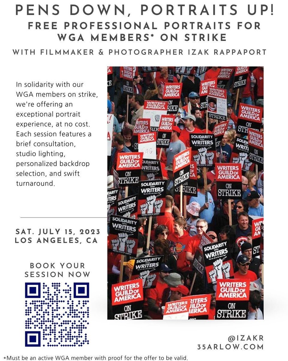 theblcklst's tweet photo. Los Angeles: @IzakR is offering FREE portrait sessions to WGA members this Saturday! 

Scan the code in this image for more details... https://t.co/3KI2jy7fJl