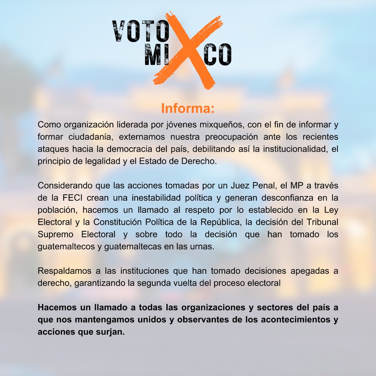 diegoedeleon's tweet photo. En @VotoxMixco respaldamos la democracia y la institucionalidad ✊🏼. #GuatemalaLibre https://t.co/3eNyzufE2V