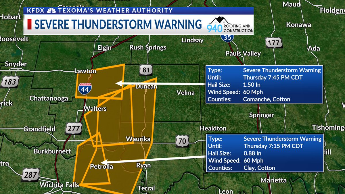 A Severe Thunderstorm Warning has been issued for portions of Texoma. Details are in the box on the right side of the image. Live radar: bit.ly/texomawx