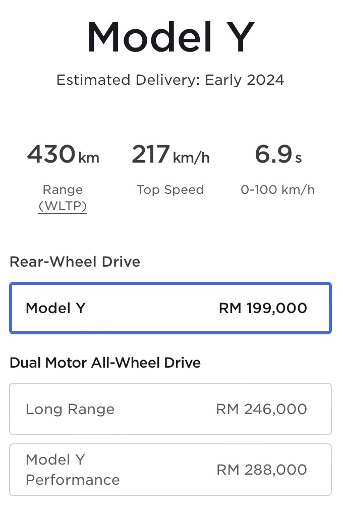 paultantk's tweet photo. Tesla Malaysia's official configurator for the Model Y has gone online and you can now order one with a RM1,000 order fee.

Model Y RWD - RM199k
Model Y LR AWD - RM246k
Model Y Performance - RM288k

This is lower pricing than I expected tbh https://t.co/oxG8C0EEal