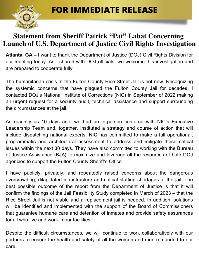 FultonSheriff's tweet photo. Statement from Sheriff Patrick “Pat” Labat Concerning Launch of U.S. Department of Justice Civil Rights Investigation https://t.co/82pHvRcCVM