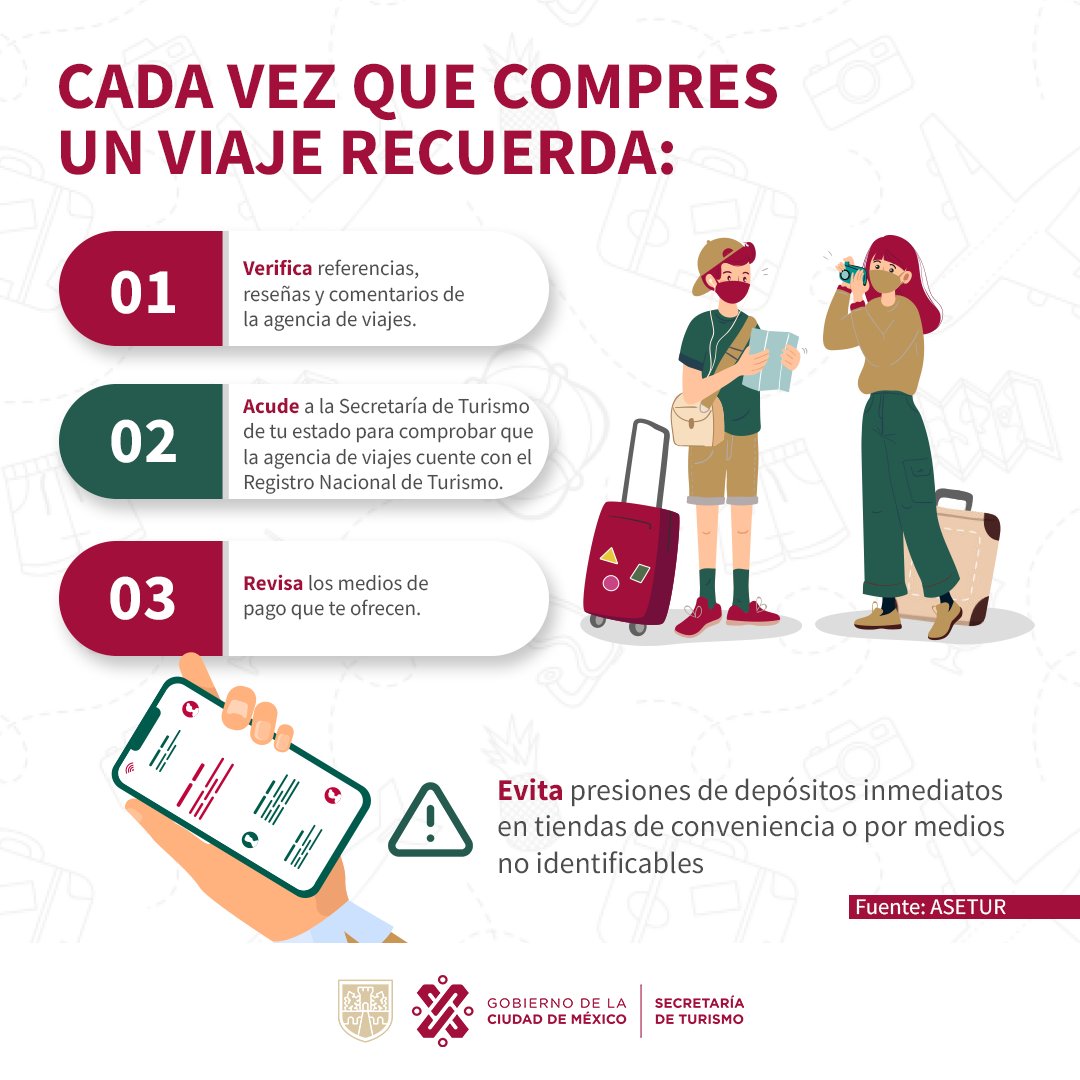 turismocdmx's tweet photo. ¿Planeas tus próximas vacaciones? 🧳✈️
Antes de adquirir algún servicio turístico:
✅Verifica referencias y reseñas de otros usuarios.
🧑💻Consulta su registro vigente ante la @SECTUR_mx en: https://t.co/tfE5Uq015o
💲Revisa los medios de pago que ofrecen.
#SecturCDMX https://t.co/9hKHgIFdfq