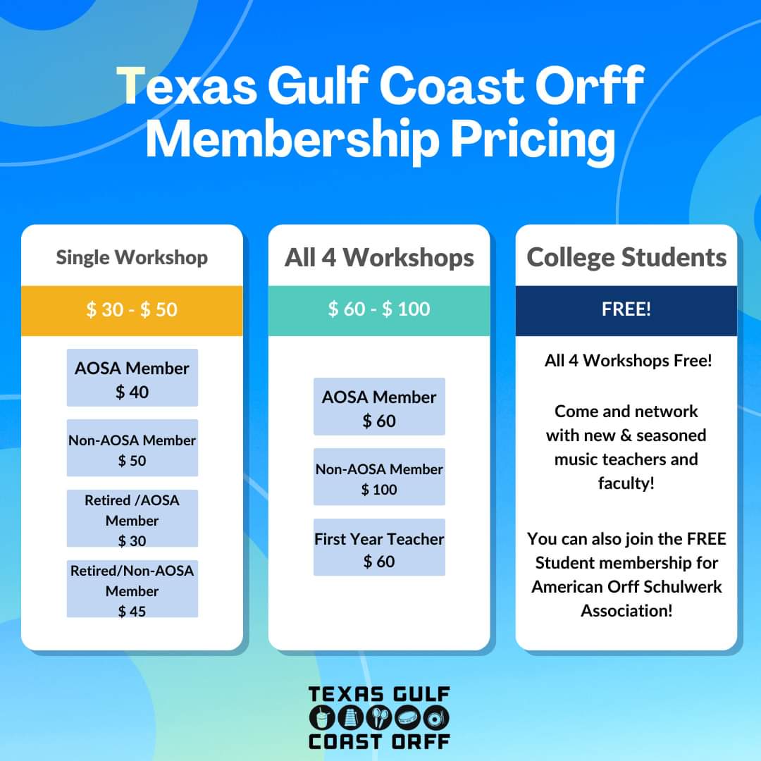 Memberships are a big $moolah$ saver, but some of us love a good pick and choose option. We have accessible options. Come on out and experience your love of music education, Orff style, with a bunch of other music nerds. #TexasGulfCoastOrff #OrffSchulwerk #MembershipOptions