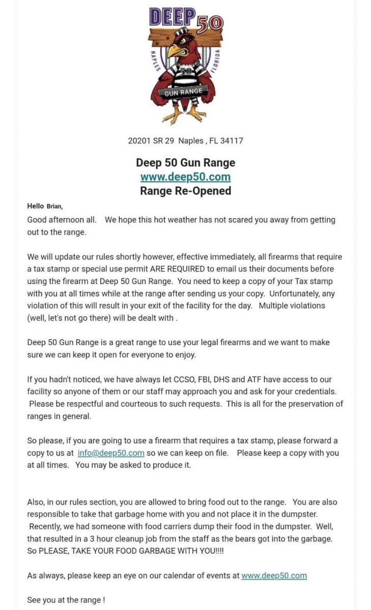 HAv2RtrnVdeoTps's tweet image. If you’re ever in Naples, Florida, make sure to not go to Deep 50 Gun Range, who demands copies of your tax stamps for their own files lol