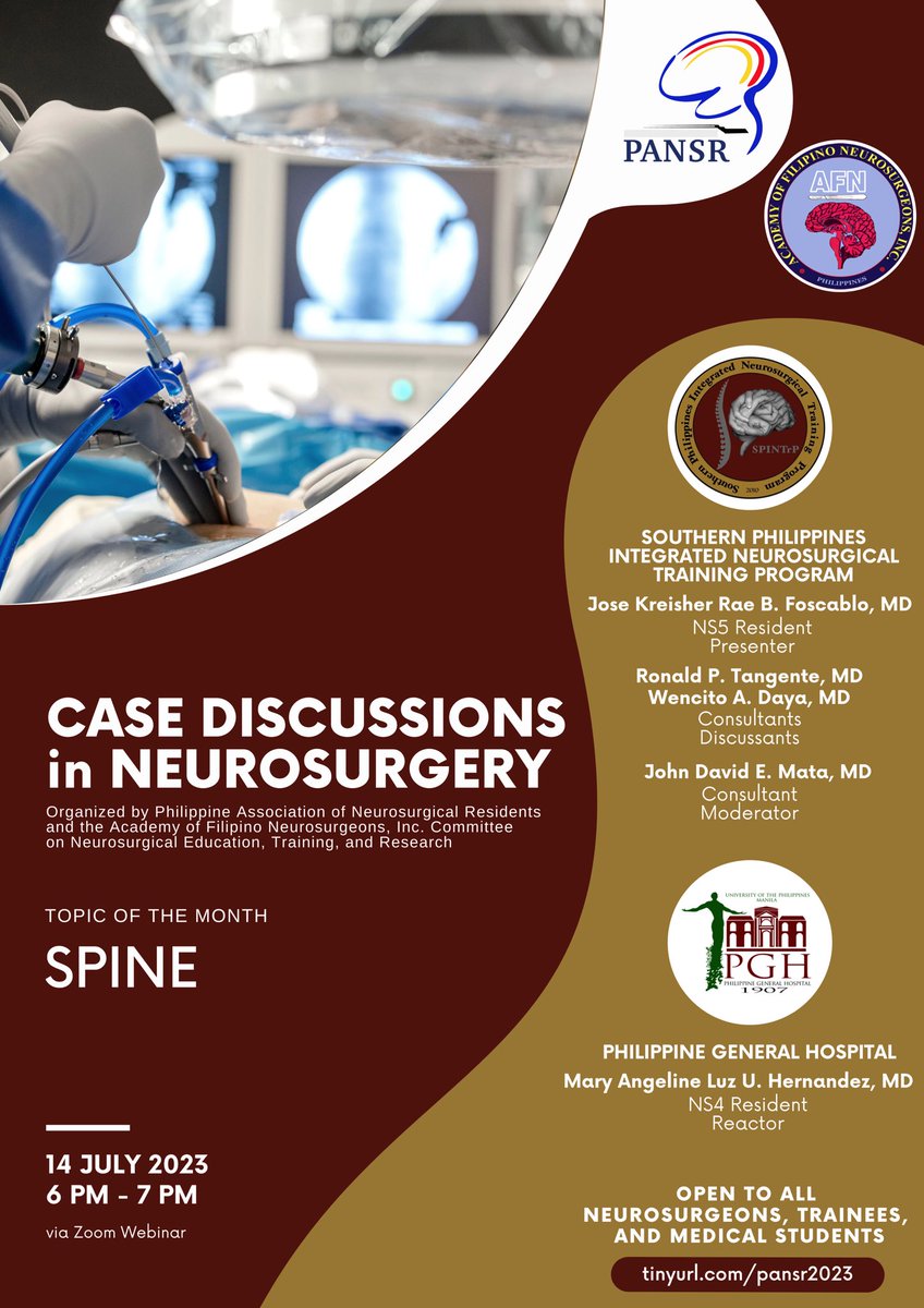 ronibats's tweet photo. Join us later at 6 pm for Phil Assoc of Neurosurgery Residents (PANSR) Case Discussions in #NSGY with SPNTrP as presenter and @pghneurosurgery as reactor. We’ll discuss a case of cervical spine trauma! 🦴🏥

Register here 👉🏼
🔗: https://t.co/i1TJoCtR8Q https://t.co/8xnl9kwjlL