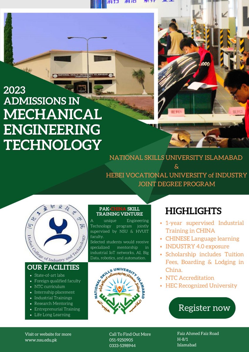 First Time in the Country - Study at Pakistani University, having recognition as UNESCO/UNEVOC International Training Center + Skills Training in China, with placement opportunities across the globe.