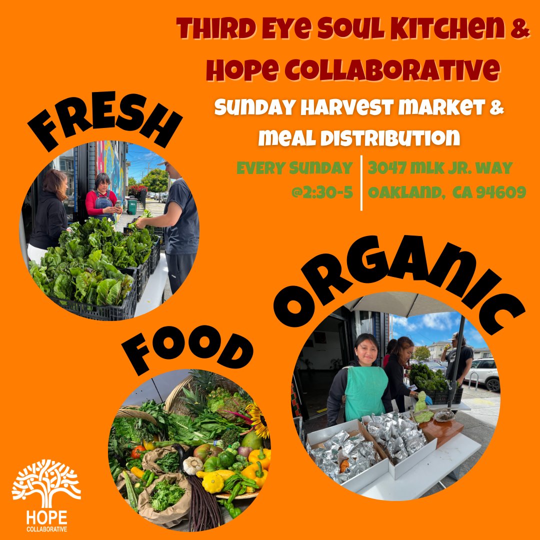 HOPE partners with Chef Empress at Third Eye Soul Kitchen in West Oakland to collect food that would otherwise go to waste from local farmers' markets and businesses. Meals are distributed alongside the weekly Sunday market where free produce is available for community members!