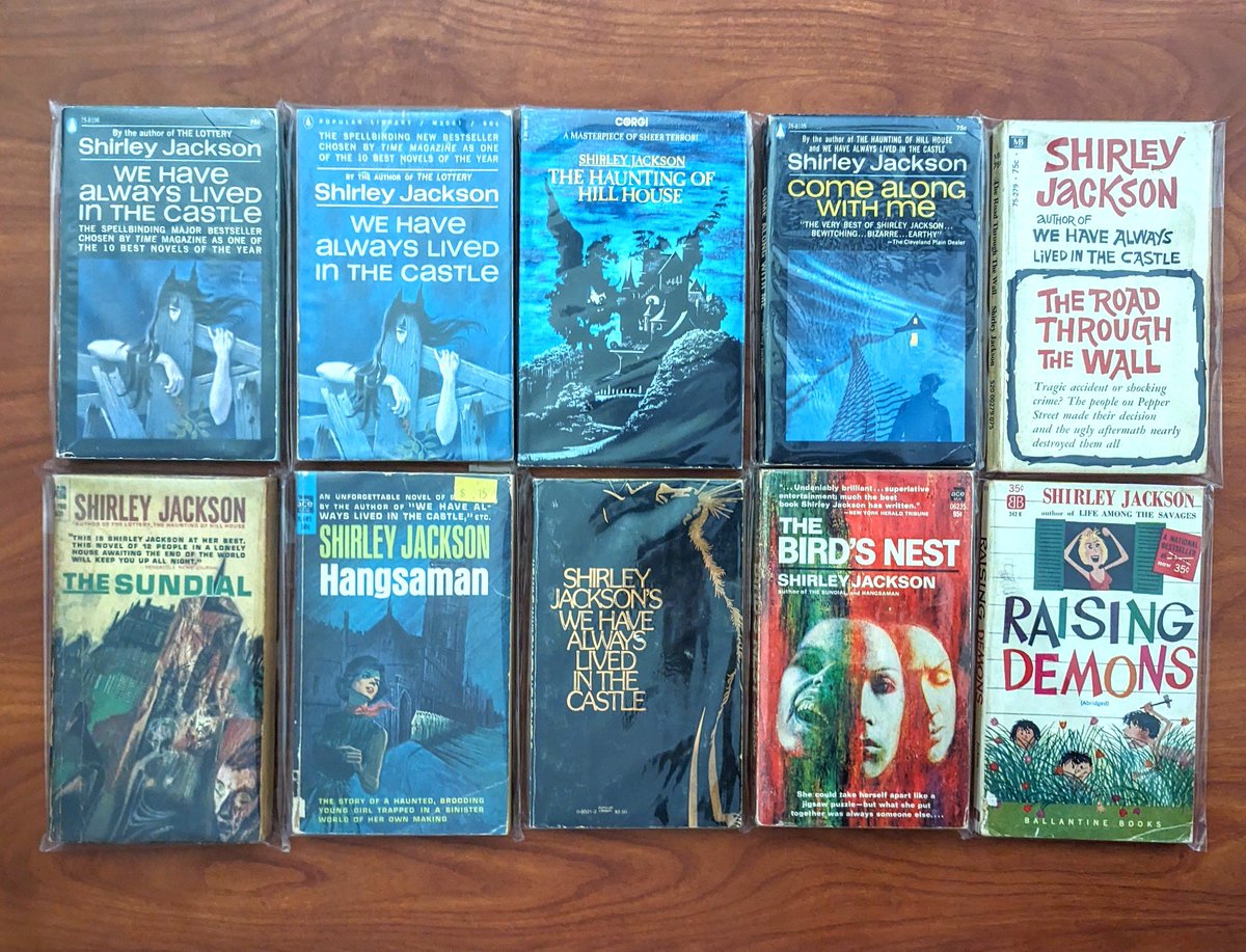 Here it is: my newly completed (?)  Shirley Jackson paperback collection of Popular Library editions w this cool font. @toomuchhorror is this all of them, now?

I believe most (all?) art is by William Teason. 2nd pic is other assorted PBs.

#Paperbacksfromhell #shirleyjackson