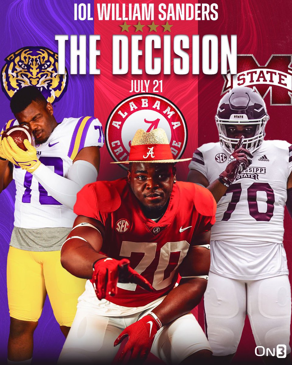 Brookwood (Ala.) 2024 prospect William Sanders has locked in his decision date.

Sanders (On3’s No. 5 interior OL) is down to a final three of Alabama, LSU, and Mississippi State.

🗞: on3.com/teams/alabama-… #RollTide