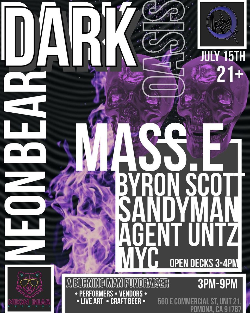 DJByronScott's tweet photo. Burner vibes this Saturday in Pomona of all places!! Day party hours 3pm to 9pm. Affordable quality craft brews(beer/seltzer)
Art, firedancers, techno, it's gonna be great.

Plz do come by and say hi! https://t.co/JqZvYXEJB0