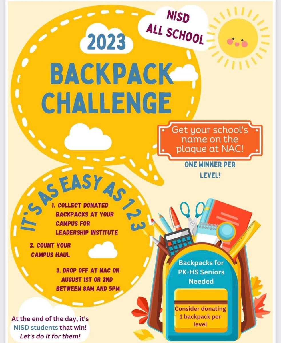 NISDKuentz's tweet image. C asking all Kuentz Coyotes! Help us collect backpacks for students in need!  Starting Monday a box will be in front on Kuentz to collect as many backpacks as we can! #backpackchallenge
