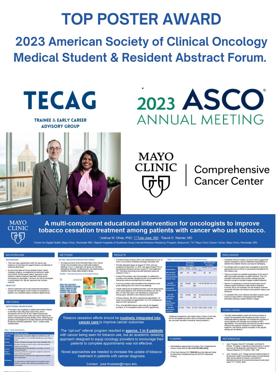 😃Our research abstract from @MayoCancerCare @MayoClinic was recognized by the @ASCO @ASCOTECAG committee as a #TOP poster awardee at the Medical Student & Resident Abstract Forum of the #ASCO2023 Annual Meeting. 🙏Sincere thanks to my mentor Dr. David O Warner @MayoAnesthesia