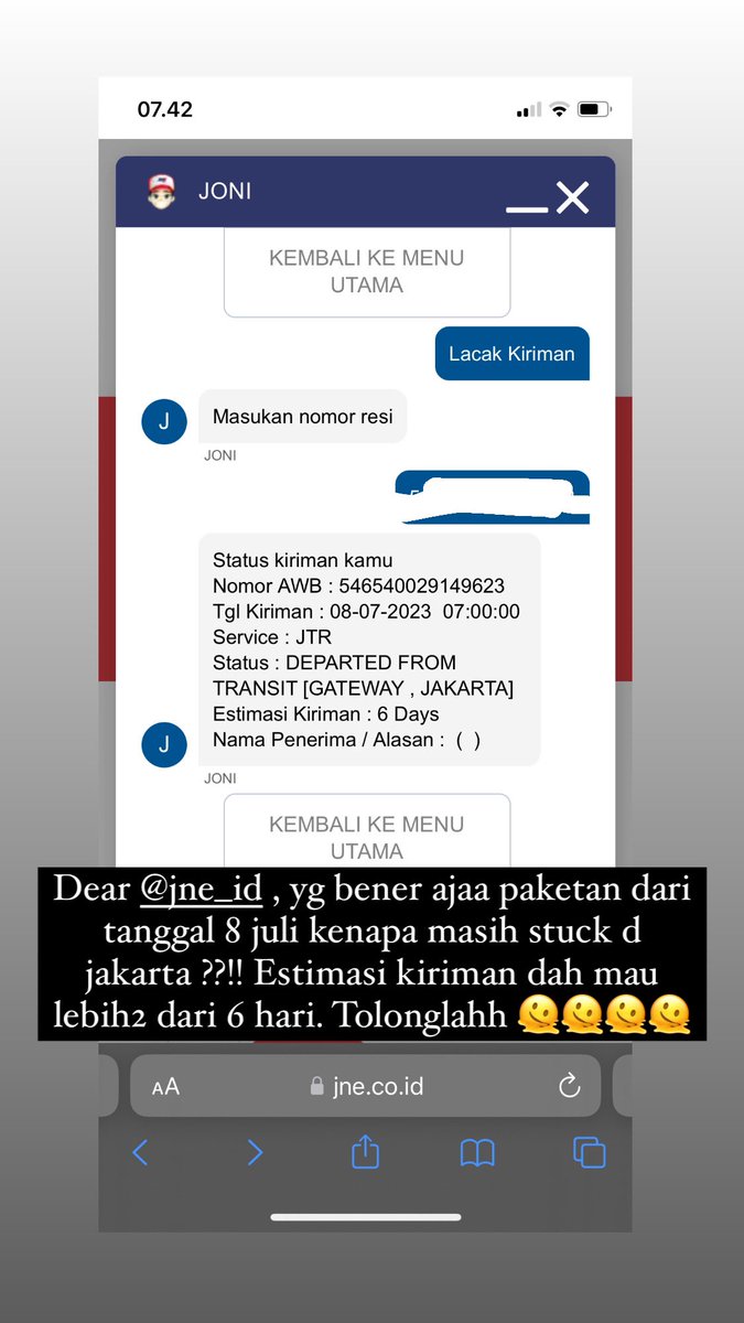 Bellaterananda's tweet photo. Dear @JNECare paketan aku sejak tanggal 8 juli kenapa masih stuck di jakarta ?? Udah hampir lebih2 estimasi kiriman nihhhh. Tolonglahhh 🫠🫠🫠 https://t.co/mr0TxIvK9A