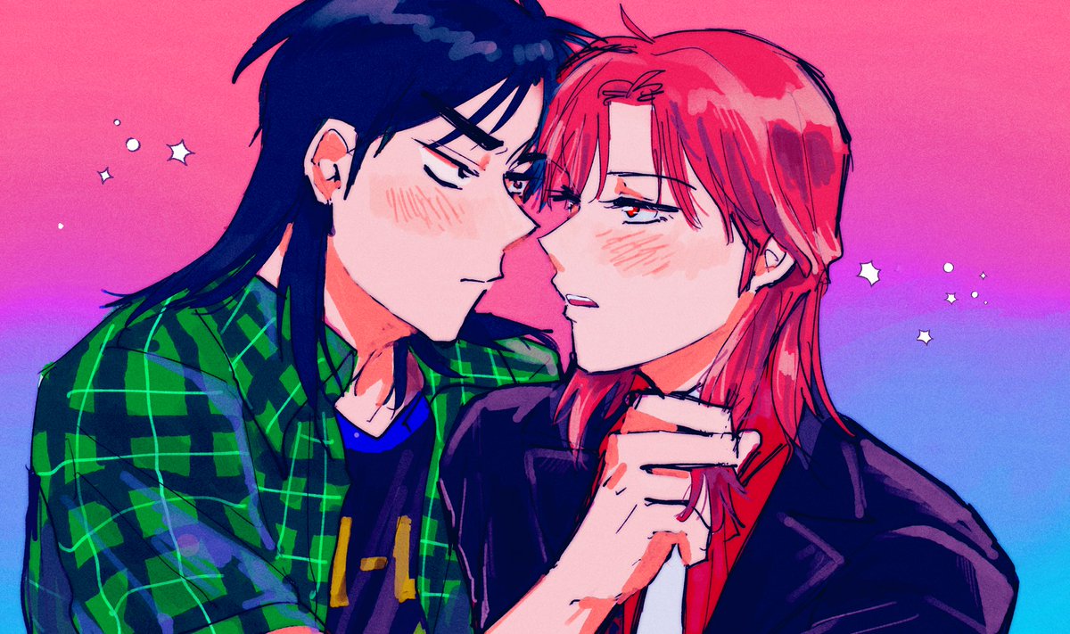 blush shirt red hair looking at another red shirt yaoi 2boys  illustration images
