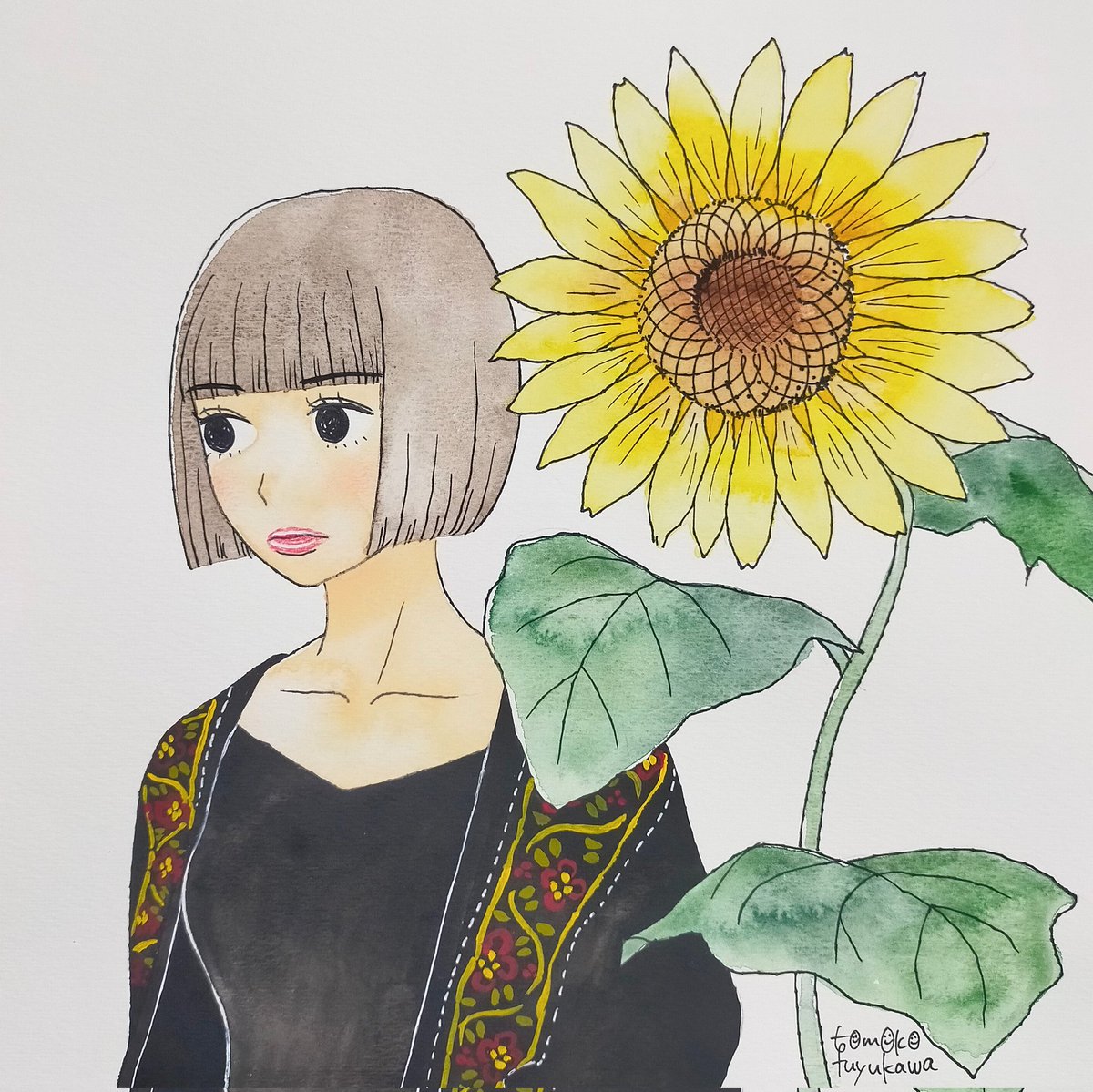 1girl solo flower short hair bangs black eyes upper body  illustration images