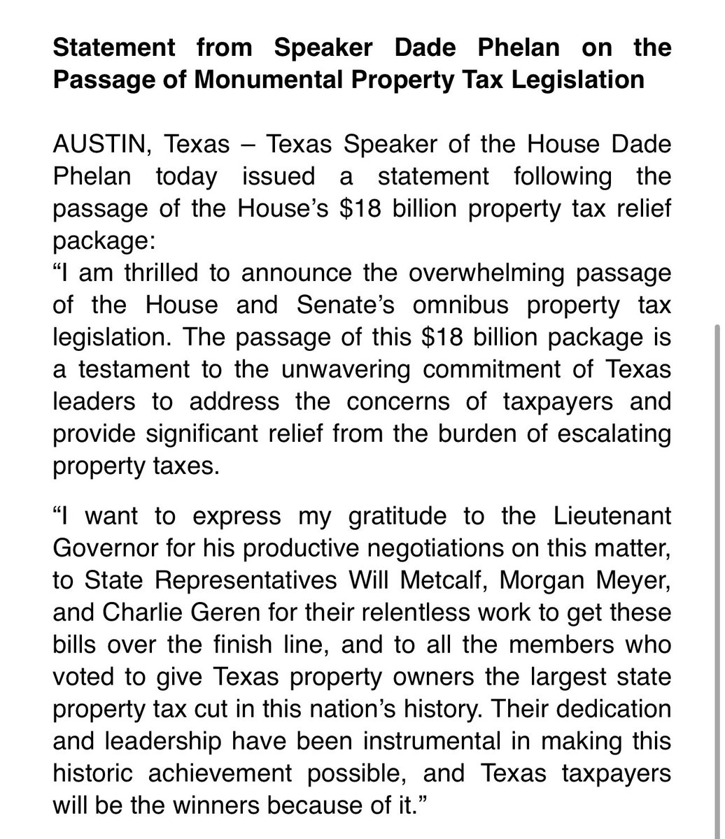 I am thrilled to announce the passage of the House &amp; Senate’s property tax package. The passage of this $18B package is a huge win for Texas taxpayers!#txlege