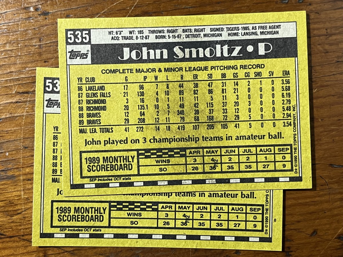 BTW, the 1990T "792" Smoltz pictured in my earlier tweet isn't a one-off (I've got two of them) -- they appear to be scarce, but they're out there (<a href="/TCDB/">tcdb</a> doesn't mention the variation, but currently shows the "792" version). <a href="/SABRbbcards/">SABR Baseball Cards</a> <a href="/CardbrdPrfFilm/">Cardboard, Proof, And Film (Jay)</a> <a href="/BeisbolCardBlog/">Mario Alejandro</a>