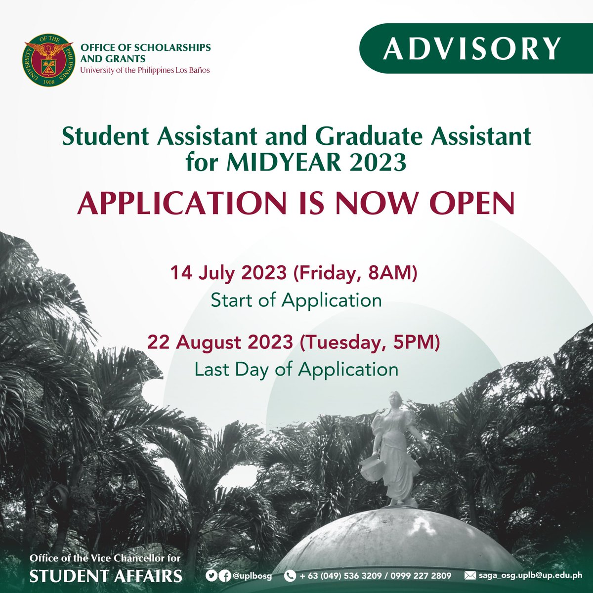 uplbosg's tweet photo. SAGA Application for Midyear 2023 is 𝗡𝗢𝗪 𝗢𝗣𝗘𝗡, 14 July 2023 (Friday, 8AM), until 22 August 2023 (Tuesday, 5PM). 

#OSG #SAGA https://t.co/9kuCVKRFwi