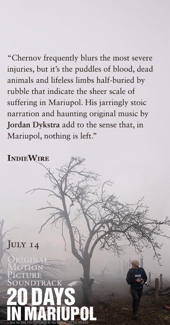 Editions_Verde's tweet photo. Press quotes mentioning @jordandykstra ‘s score for @AP &amp; @frontlinepbs co-production @20DaysMariupol ! Streaming July 14 worldwide!!

#20daysisinmariupol https://t.co/TqDjzlpcaE