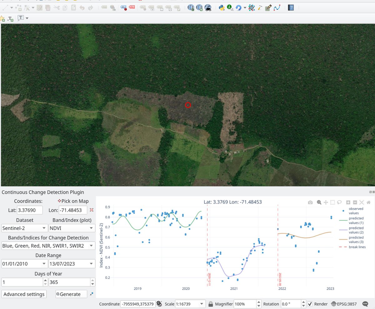 Hello #Qgis and #RemoteSensing enthusiasts! The new version 23.7 of the #CCDC #Qgis plugin has Sentinel-2, and the process runs over #GoogleEarthEngine with more options. Check it out: github.com/SMByC/CCD-Plug…