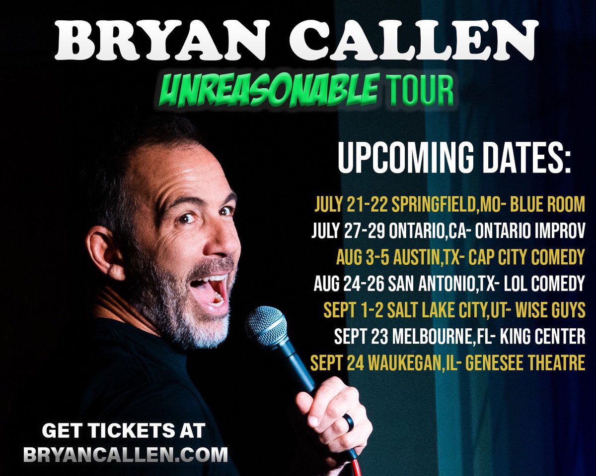 bryancallen's tweet photo. Upcoming shows on the Unreasonable Tour! Get your tickets on my site. Next stop Springfield! https://t.co/qjqjI8Jnq9