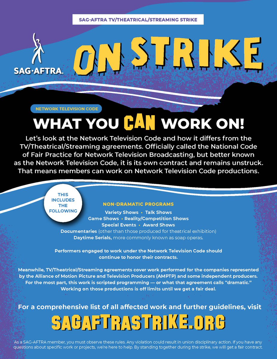⚠️Important #SAGAFTRAstrike information⚠️ #sagaftramembers, here's everything you need to know about the TV/Theatrical/Streaming Strike, including... 👉What you CAN'T work 👉What you CAN work 👉Network TV Code Get more information at sagaftrastrike.org. #SAGAFTRAstrong