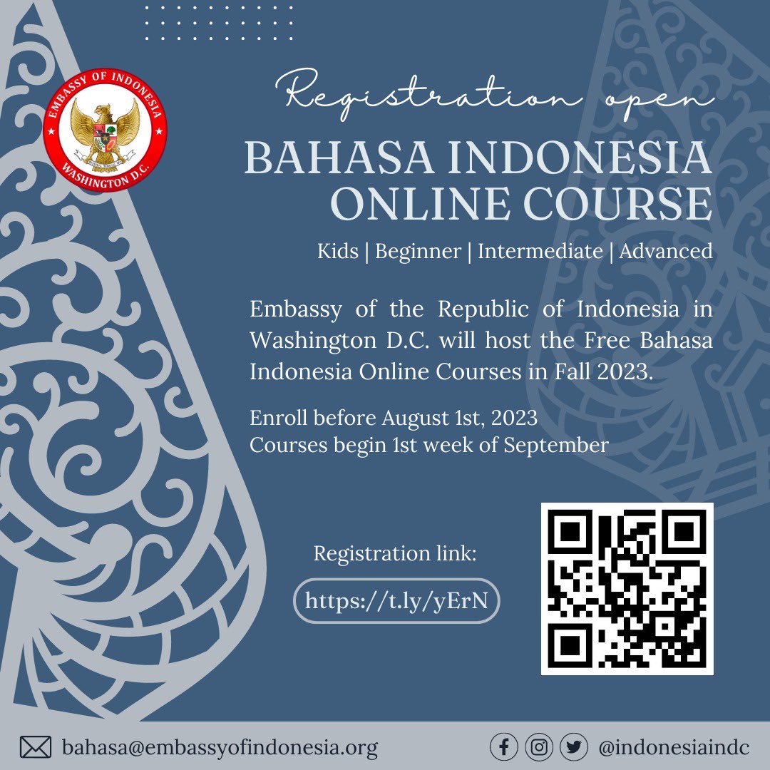 Dear friends of Indonesia, we are pleased to announce the opening of registration for the free online Indonesian language classes fall semester for adults and children. traditions.