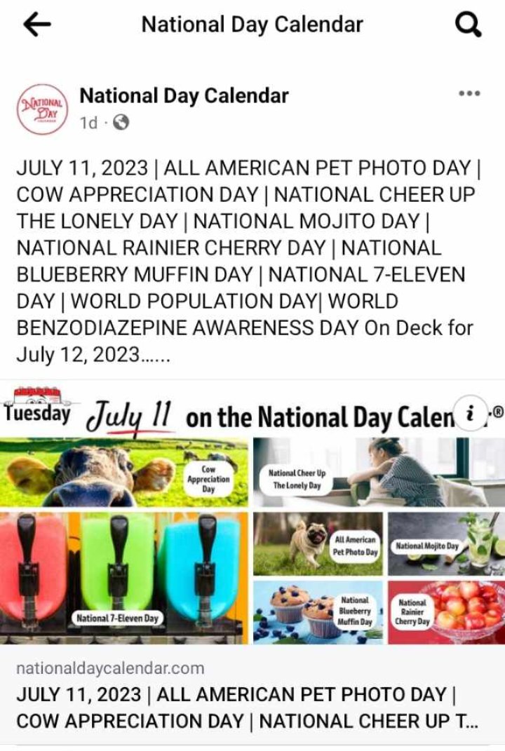 #July11th #ALLAMERICANPETPHOTODAY #COWAPPRECIATIONDAY #NATIONALCHEERUPTHELONELYDAY #NATIONALMOJITODAY #NATIONALRAINIERCHERRYDAY #NATIONALBLUEBERRYMUFFINDAY #NATIONAL7ELEVENDAY #WORLDPOPULATIONDAY #WORLDBENZODIAZEPINEAWARENESSDAY