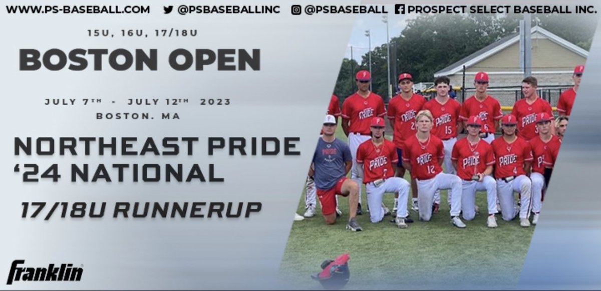 PSBaseballinc's tweet photo. 𝘽𝙤𝙨𝙩𝙤𝙣 𝙊𝙥𝙚𝙣
17/18u Runner Up
Northeast Pride ’24 National
@NEPridebaseball
Congrats on a great week!
#BostonOpen #TheBestPlayHere https://t.co/s006pbrrUd