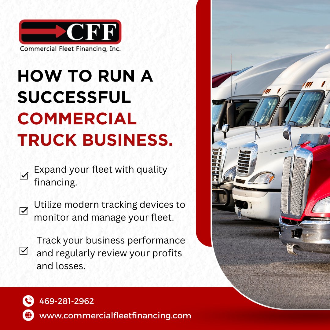 Want a thriving truck business?

1️⃣ Grow your fleet with solid financing. 2️⃣ Track and manage using advanced devices. 3️⃣ Review profits and losses regularly.
💼💪 Count on Commercial Fleet Financing for financing and expert support. Drive your business forward.