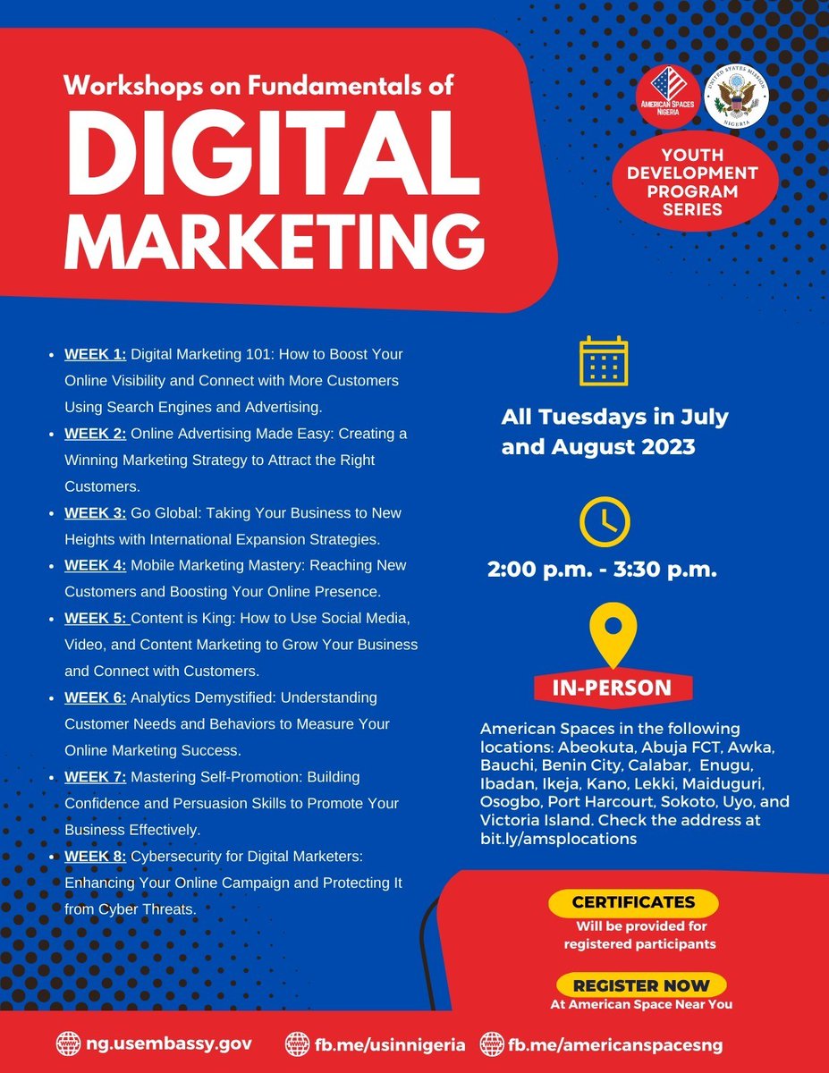 Yalicrossriver's tweet photo. Calling on all Nigeria who are eager to kickstart a career in blogging and web creation. Sign up now for our FREE 8-week blogging workshop, "Getting Started with Blogging and Web Creation" starting this July 2023:  https://t.co/ToUwOJRA17 

#yalinetworknigeria
#yalicrossriver https://t.co/AV8nWLQ1oj