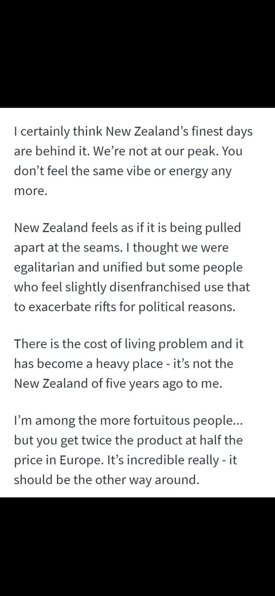 martindevlinnz's tweet photo. This from Marc Ellis.
He’s not wrong.
Not at all.
Which is very sad.
I agree with him.
NZ isn’t the same vibe anymore. 
We have a miserableness and vindictiveness about us. We’ve lost any sort of (once beautiful) sense of humour. 
Of course I blame all CIS men.
And supply chains. https://t.co/rrGlFzvehP