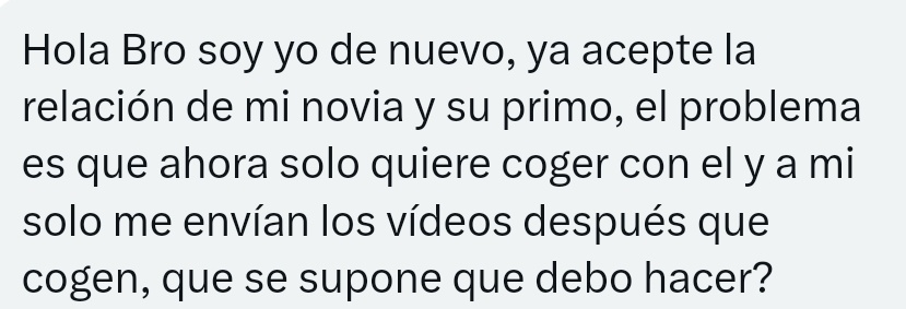 infidelidadreal's tweet photo. Que debe hacer un hombre cuando acepta abiertamente que su novia tenga una relación con otra persona, y además ella pierde interés en seguir follando con él?? https://t.co/oaUCKLoVcM
