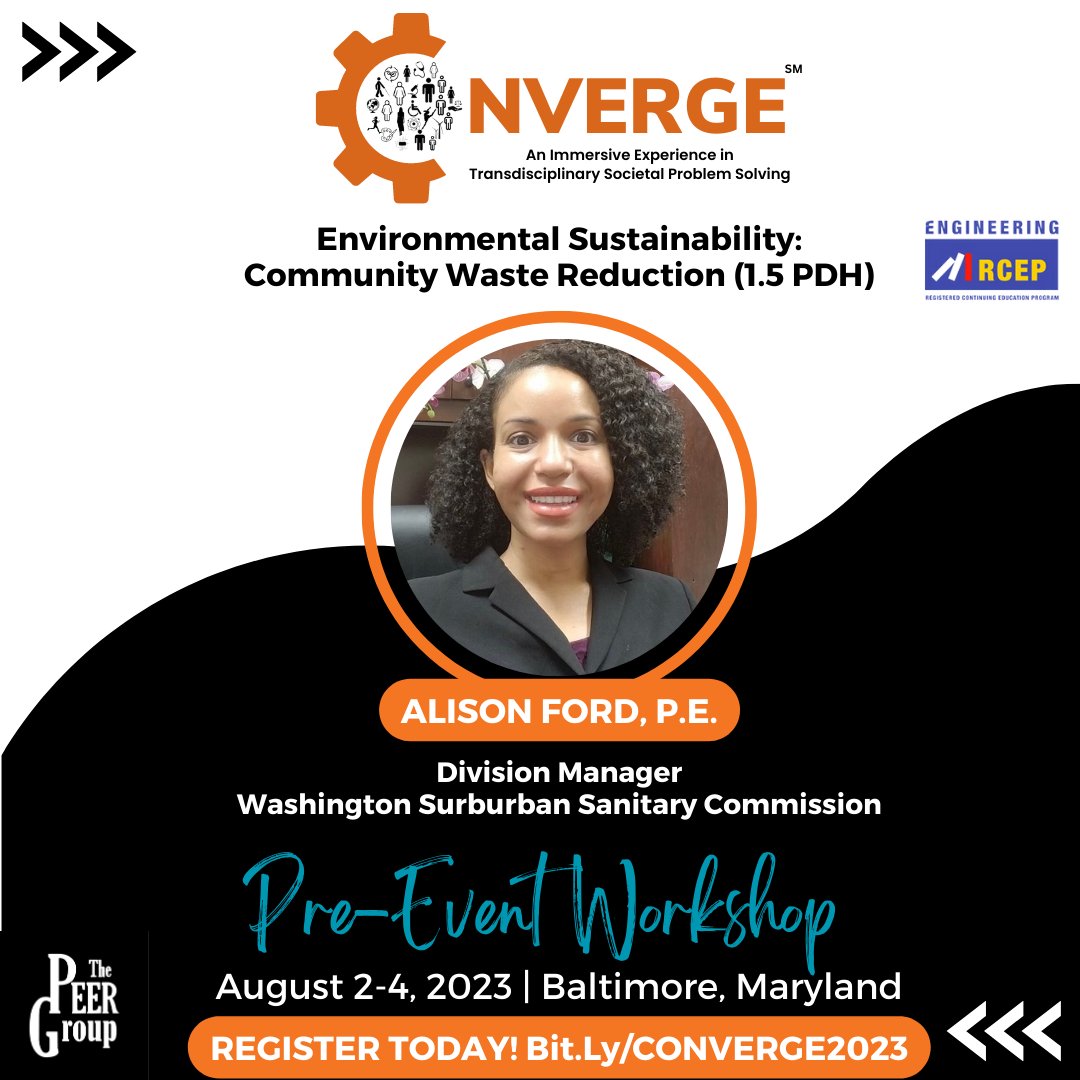 Need PDHs? Alison Ford, P.E. will be leading a 1.5 PDH course, "Environmental Sustainability - Community Waste Reduction" for The PEER Group at #CONVERGE2023 in Baltimore, MD on August 2.

Learn more and register: bt.ly/CONVERGE2023i

#AECIndustry #Sustainability #Community