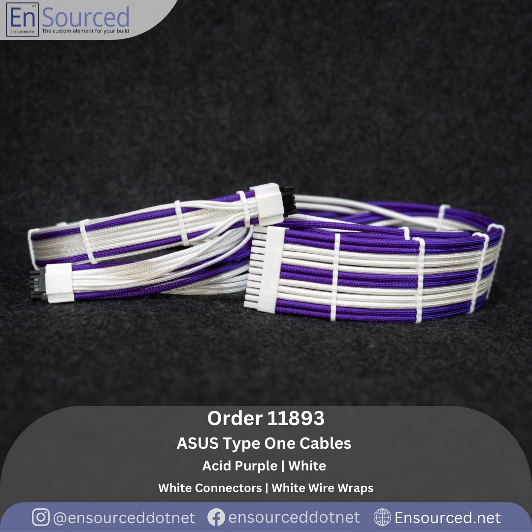 Elevate your PC build with Acid Purple &amp; White sleeved ASUS Type One cables! Meticulously crafted for style and performance, these stunning custom cables make a bold statement. Upgrade your setup with Ensourced today!#CustomCables #Ensourced #ElevateYourBuild
