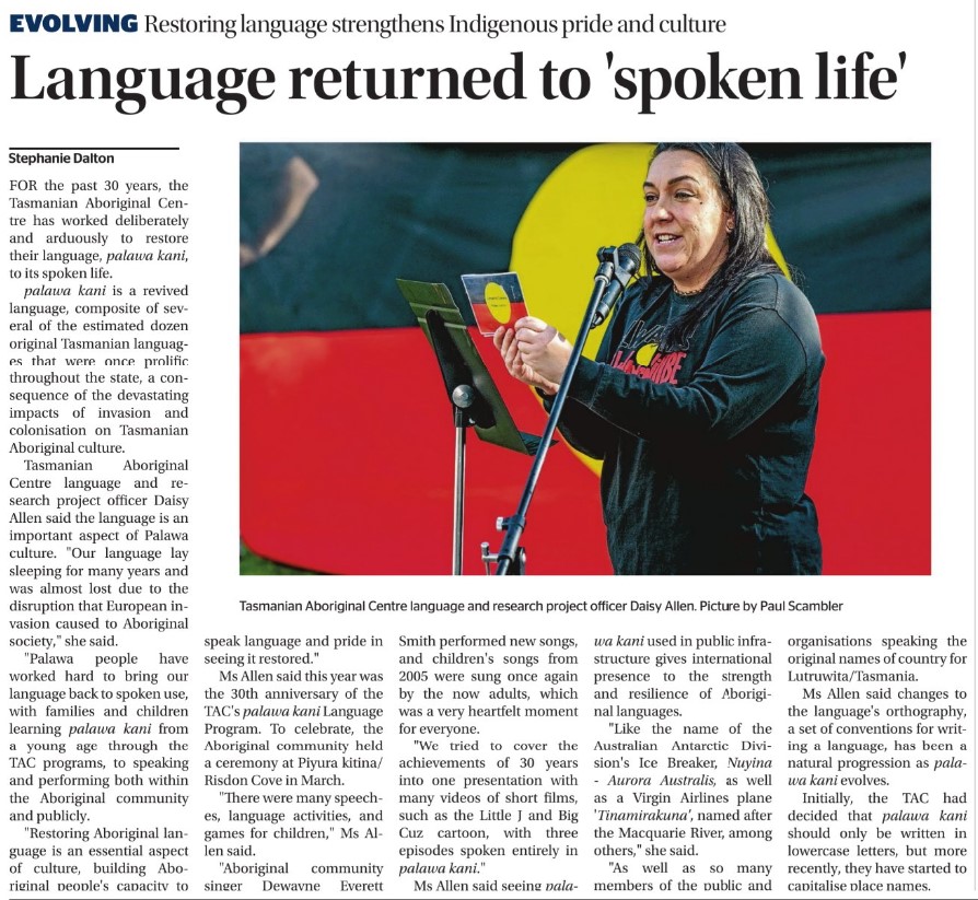 TAClutruwita's tweet photo. Great article in the Examiner featuring @daisyyAllan ππ½
The article focuses on the amazing work and achievements by the palawa kani Language Program over 30 years.
#PalawaPride #palawakani #OurLanguageMatters π€πβ€οΈ
Read the full article here: https://t.co/mL4fxpP0Pu https://t.co/eeQnVKFznJ