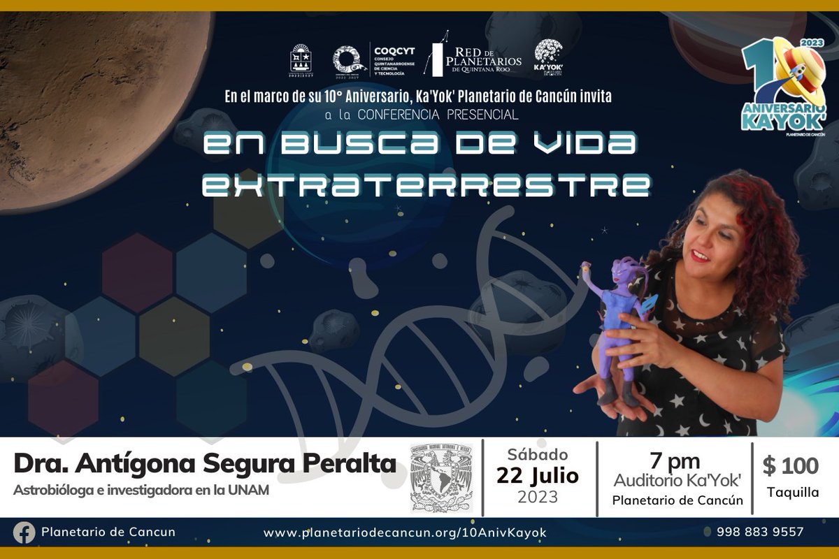 PlanetarioCun's tweet photo. En el cierre de Actividades ESPECIALES del #10Aniv en Ka'Yok': @antigonasegura presenta en Cancún: EN BUSCA DE VIDA EXTRATERRESTRE
https://t.co/IpWnNMJUTr
#KayokContigo #UniversoParaTí
@VivoEnCancun @Lizzysa @DonLimon
@PorqueAmoCancun @inaoe_mx @AstronomiaRivas @Cultura_Cancun https://t.co/ajLJNPUD5n