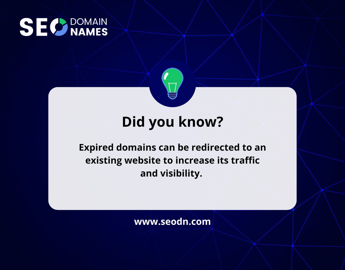 _seodn's tweet photo. 𝐃𝐢𝐝 𝐲𝐨�� 𝐤𝐧𝐨𝐰? 
Expired domains can be redirected to an existing website to increase its traffic and visibility.
Visit https://t.co/tBhfnDNLCz for more information or buy high quality expired domains.
#seodn #domainsforsale #domainsales #seoservices #seodomains  #seo https://t.co/akDRhp4HYG
