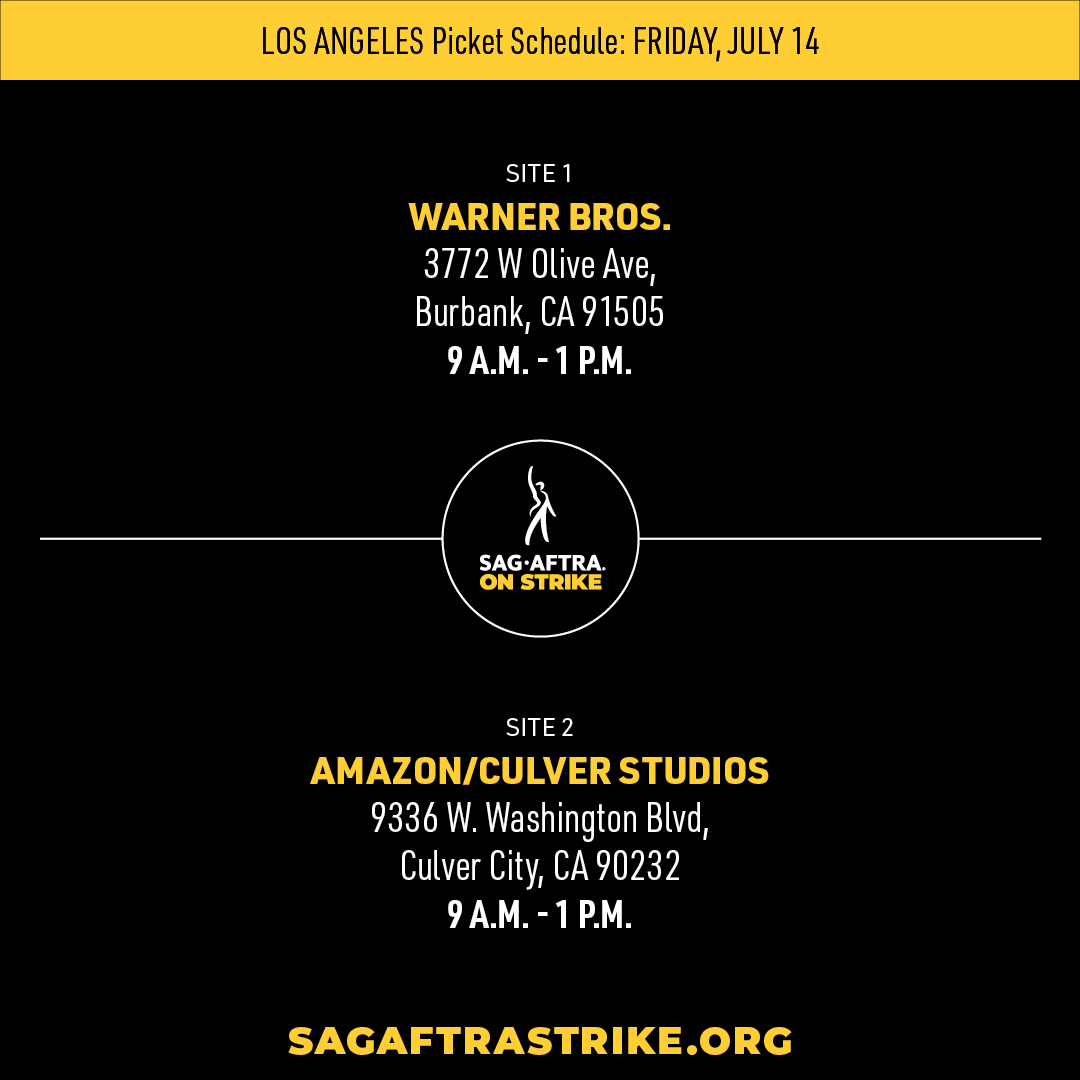 sagaftra's tweet image. Friday 7/14, #SAGAFTRAstrike picketing begins in Los Angeles and New York at 9 PT/12 ET. 

We are #SAGAFTRAstrong TOGETHER 💪🪧

Get more information at sagaftrastrike.org.