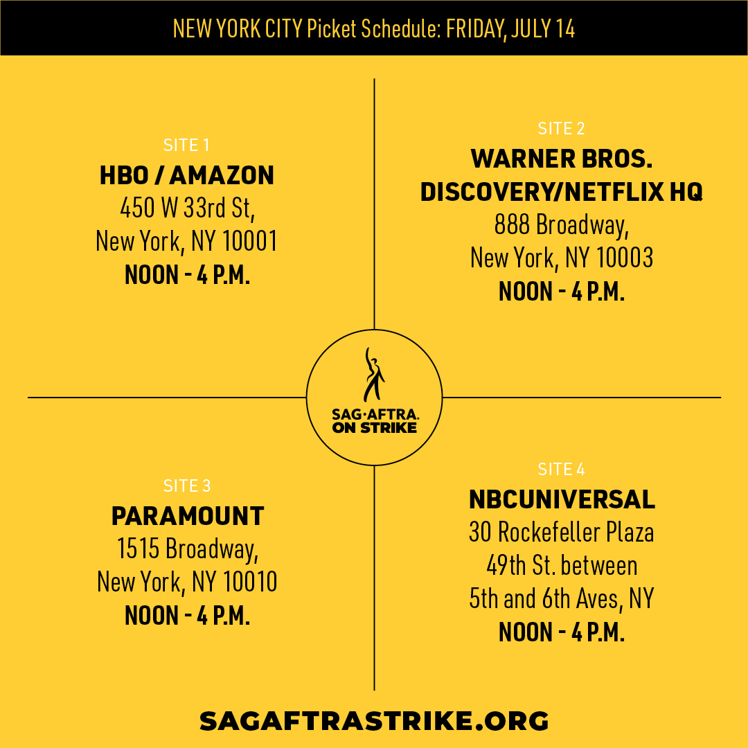 Friday 7/14, #SAGAFTRAstrike picketing begins in Los Angeles and New York at 9 PT/12 ET. 

We are #SAGAFTRAstrong TOGETHER 💪🪧

Get more information at sagaftrastrike.org.