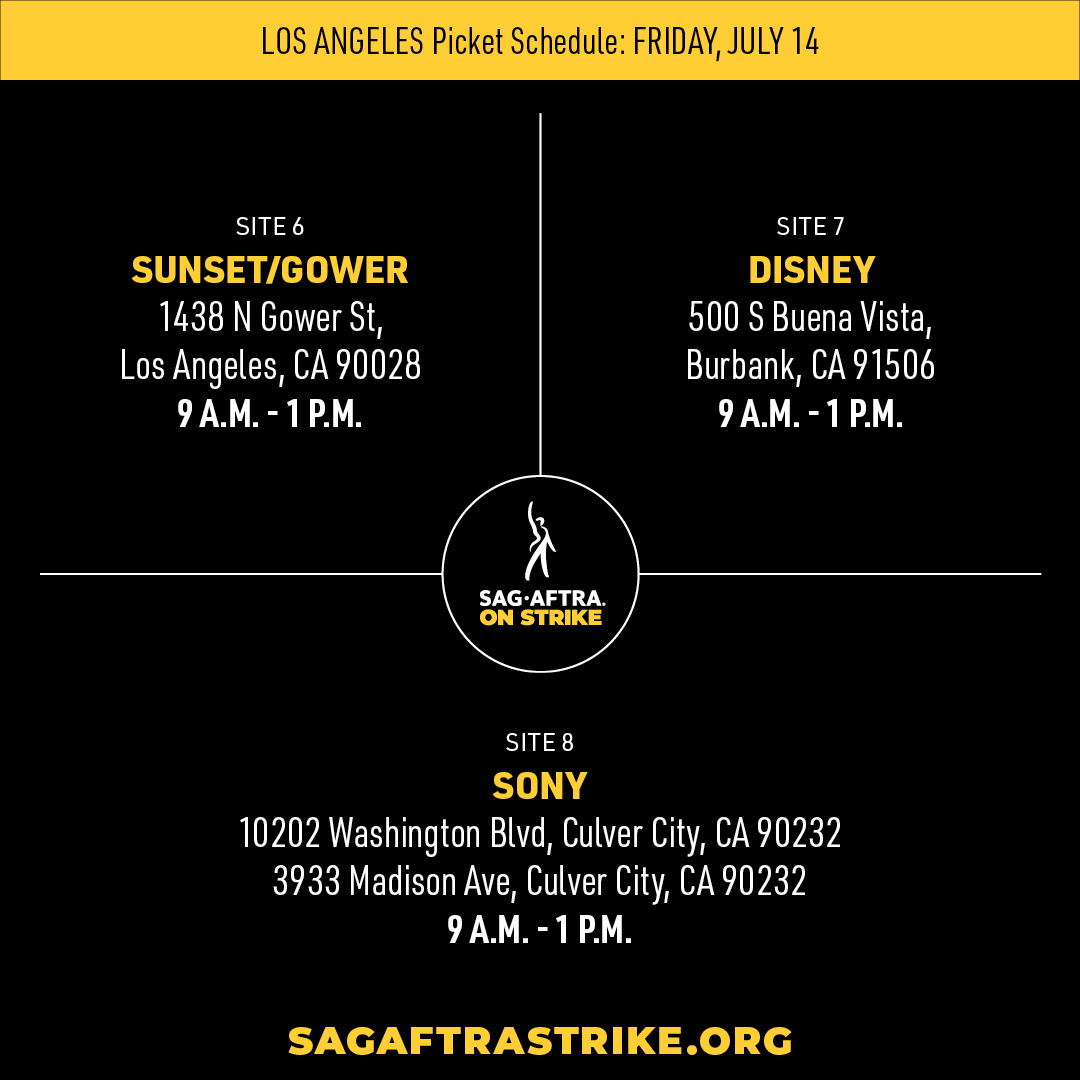 sagaftra's tweet image. Friday 7/14, #SAGAFTRAstrike picketing begins in Los Angeles and New York at 9 PT/12 ET. 

We are #SAGAFTRAstrong TOGETHER 💪🪧

Get more information at sagaftrastrike.org.