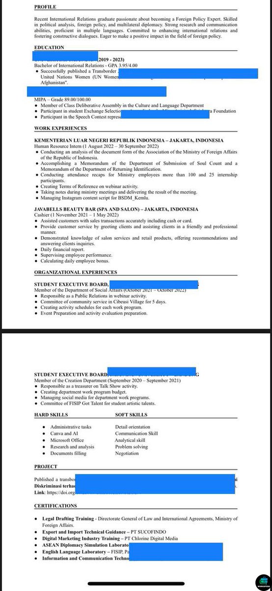 work! halo gais. aku jobseeker udah ngelamar kurleb 100 perusahaan entah ditu di jobstreet,linkedin,kalibr,glints tapi belum ada yang nyangkut satupun, kenapa ya?😞 ini cv aku apa ada salah fatal dipenulisannya? tolong temen temen. terima kasih