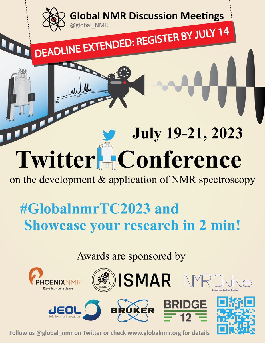 Please RT! Last chance to register for the Global NMR Twitter Conference! #GlobalnmrTC2023 

Register here by the end of July 14 to participate! forms.gle/cd8ZVEXSQUrecL…

#NMR #DNP #NMRchat #chemtwitter #ISMAR @euromar2023 <a href="/ANZMAG/">ANZMAG</a> <a href="/bruker/">Bruker</a> <a href="/Bridge12Tech/">Bridge12</a> <a href="/JEOLUSA/">JEOL USA</a> <a href="/PhoenixNMR/">PhoenixNMR</a>