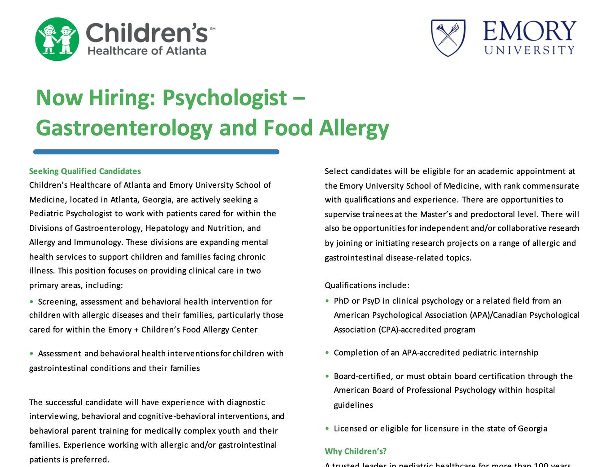 Brian Vickery (@atlergist) on Twitter photo VERY excited to announce we are hiring an academic pediatric psychologist to split clinical time with GI here <a href="/childrensatl/">Children's</a> and <a href="/EmoryUniversity/">Emory University</a>. It's a great environment - & you get to work with <a href="/KaitBProctor/">Kait Baker Proctor</a>!
Apply here: tinyurl.com/4fp7jk8k
R/T to your networks pls! VERY excited to announce we are hiring an academic pediatric psychologist to split clinical time with GI here <a href="/childrensatl/">Children's</a> and <a href="/EmoryUniversity/">Emory University</a>. It's a great environment - & you get to work with <a href="/KaitBProctor/">Kait Baker Proctor</a>!
Apply here: tinyurl.com/4fp7jk8k
R/T to your networks pls!