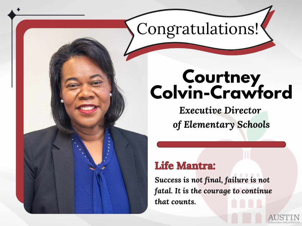 Excited for the knowledge and infectious enthusiasm that Ms. Courtney Colvin-Crawford will bring to the team and to the schools that she supports! @WeAreAISD